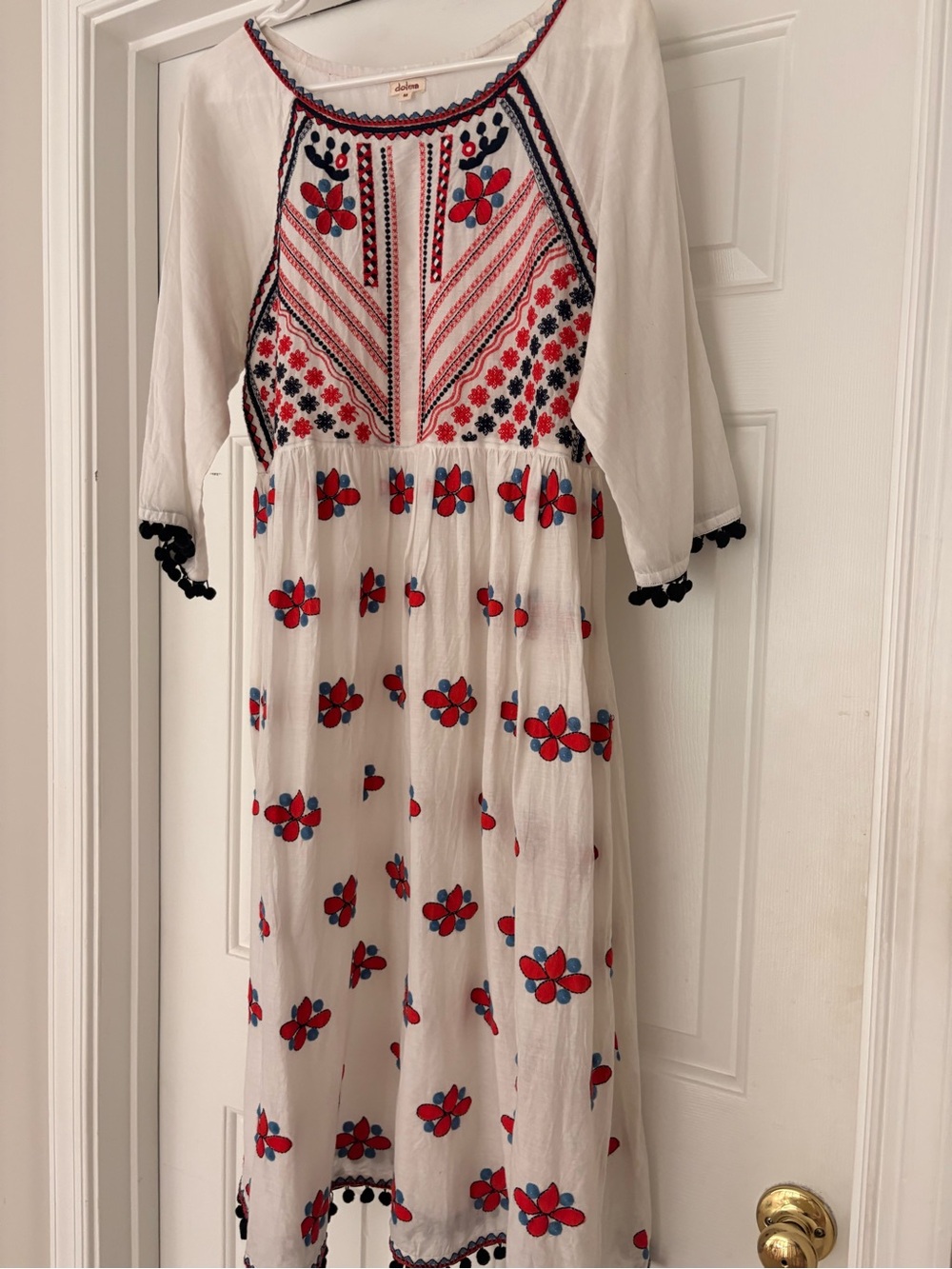 White Maxi Dress with Red and Navy Floral Embroidery